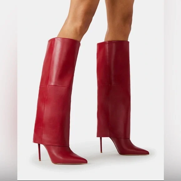 Steve Madden Smith Red Leather Foldover Cuffed Stiletto Boots - Sz 5.5 - Picture 2 of 2